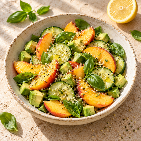 Insalata di pesca, cetriolo, avocado e basilico