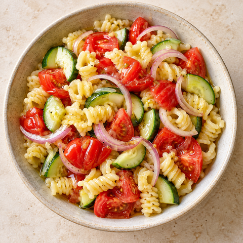 Pasta proteica / Keto con pomodori, cipolla e cetrioli