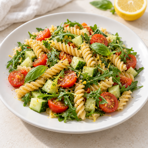 RICETTA: Pasta proteica / Keto fredda con pomodorini, cetriolo e rucola