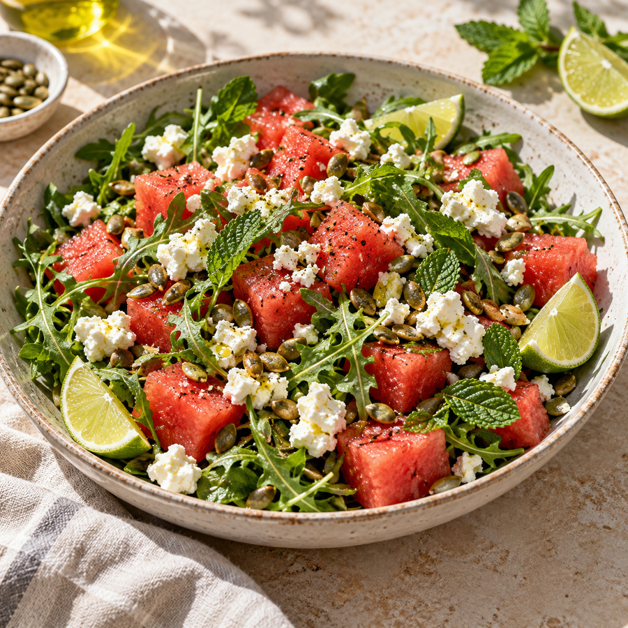 Insalata di anguria, feta, lime e semi
